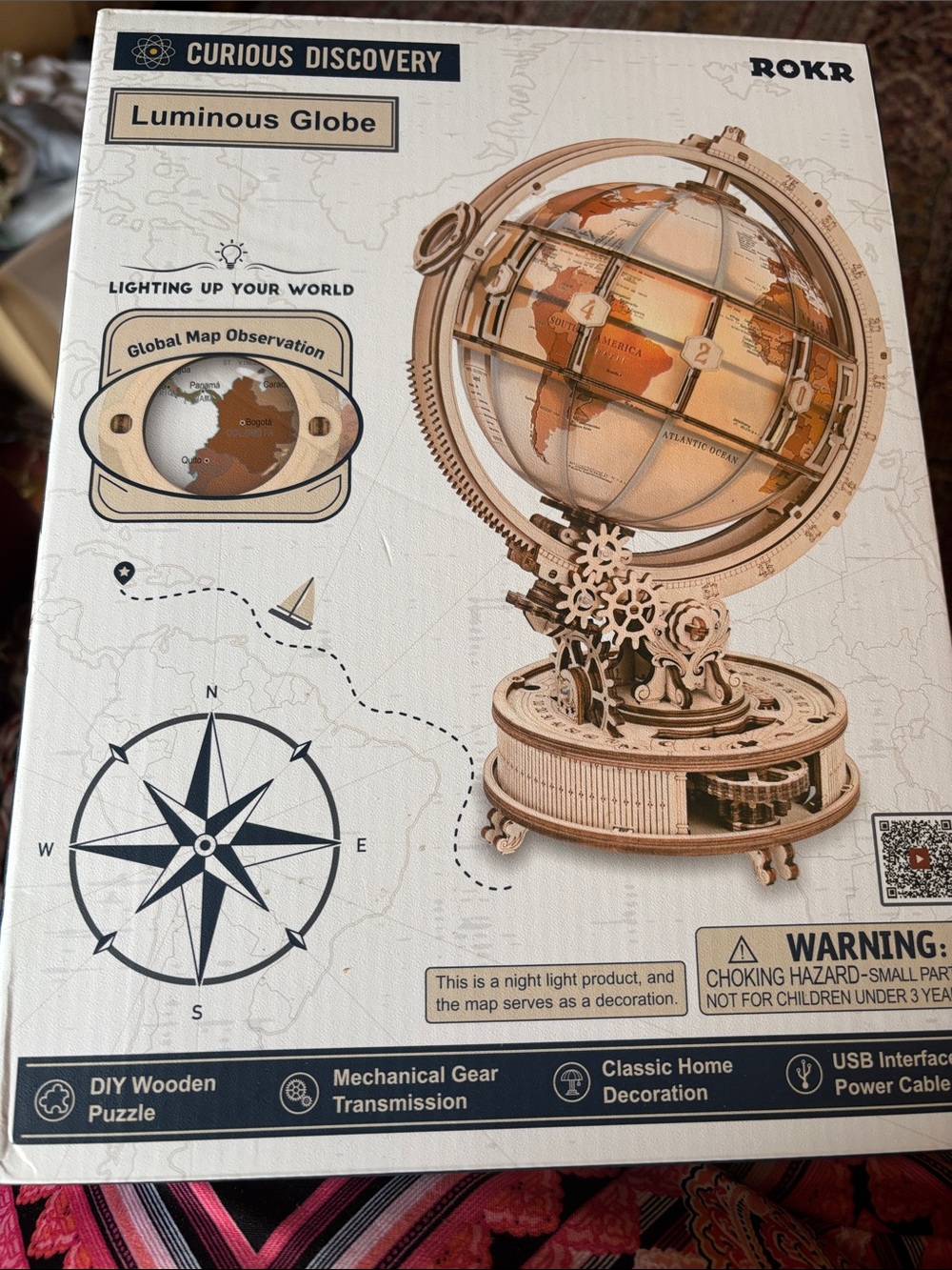 NWOT ROKR Luminous Globe Wooden Mechanical Night Light - Beige/Brown